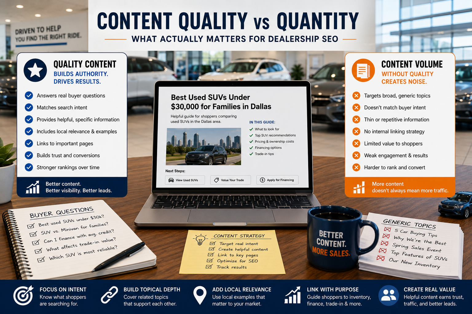 Dealership SEO content strategy showing the balance between quality blog content and publishing consistency.