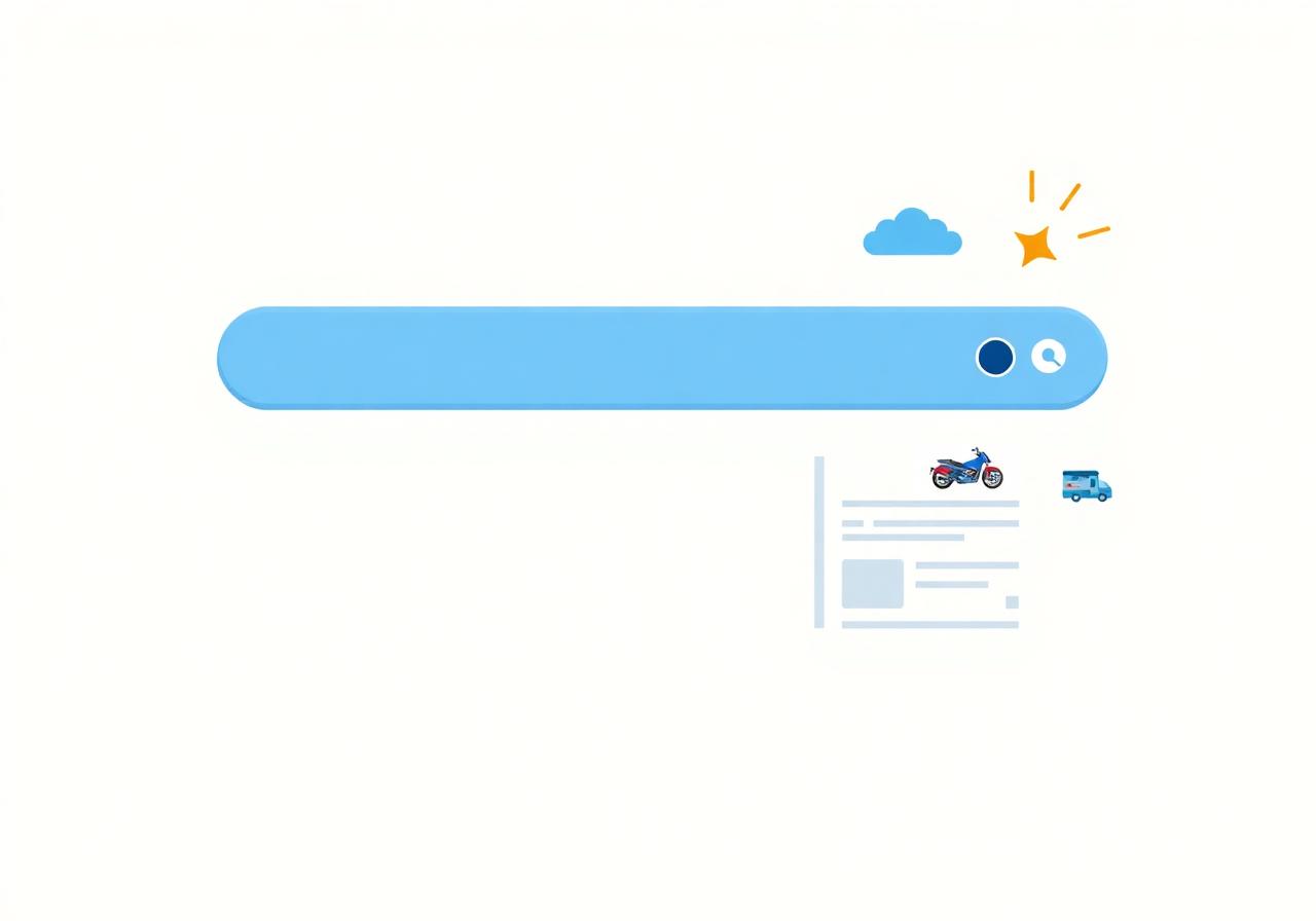 Illustration of a search bar transforming into an automotive article card